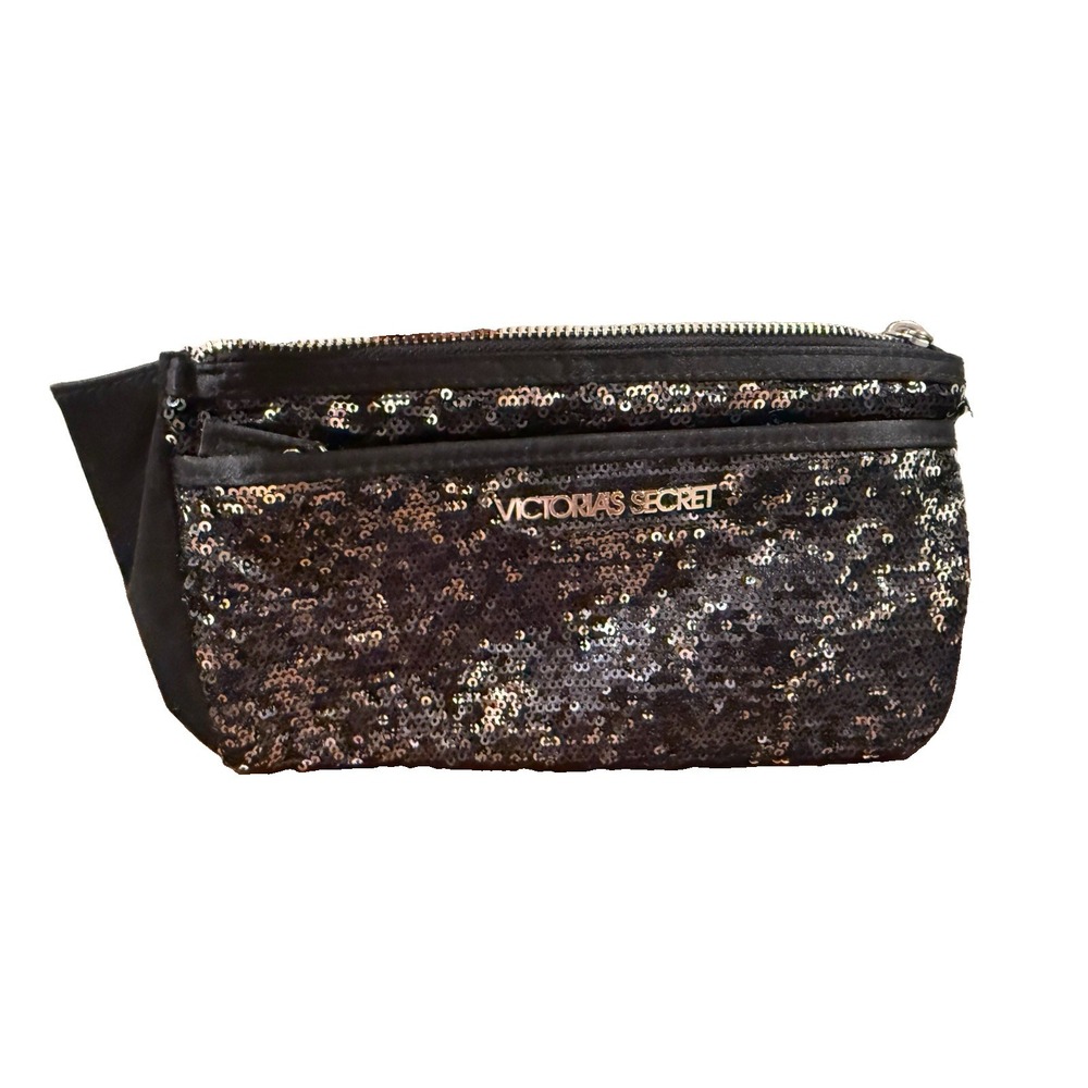 Victoria's Secret Black Sequin Makeup Cosmetic Bag Dual Pocket Zipper Pouch